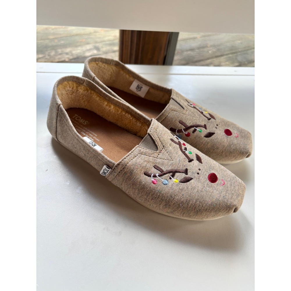 TOMS Reindeer Alpargata Loafers Tan Faux Shearling Womens Size 9 - Picture 3 of 6